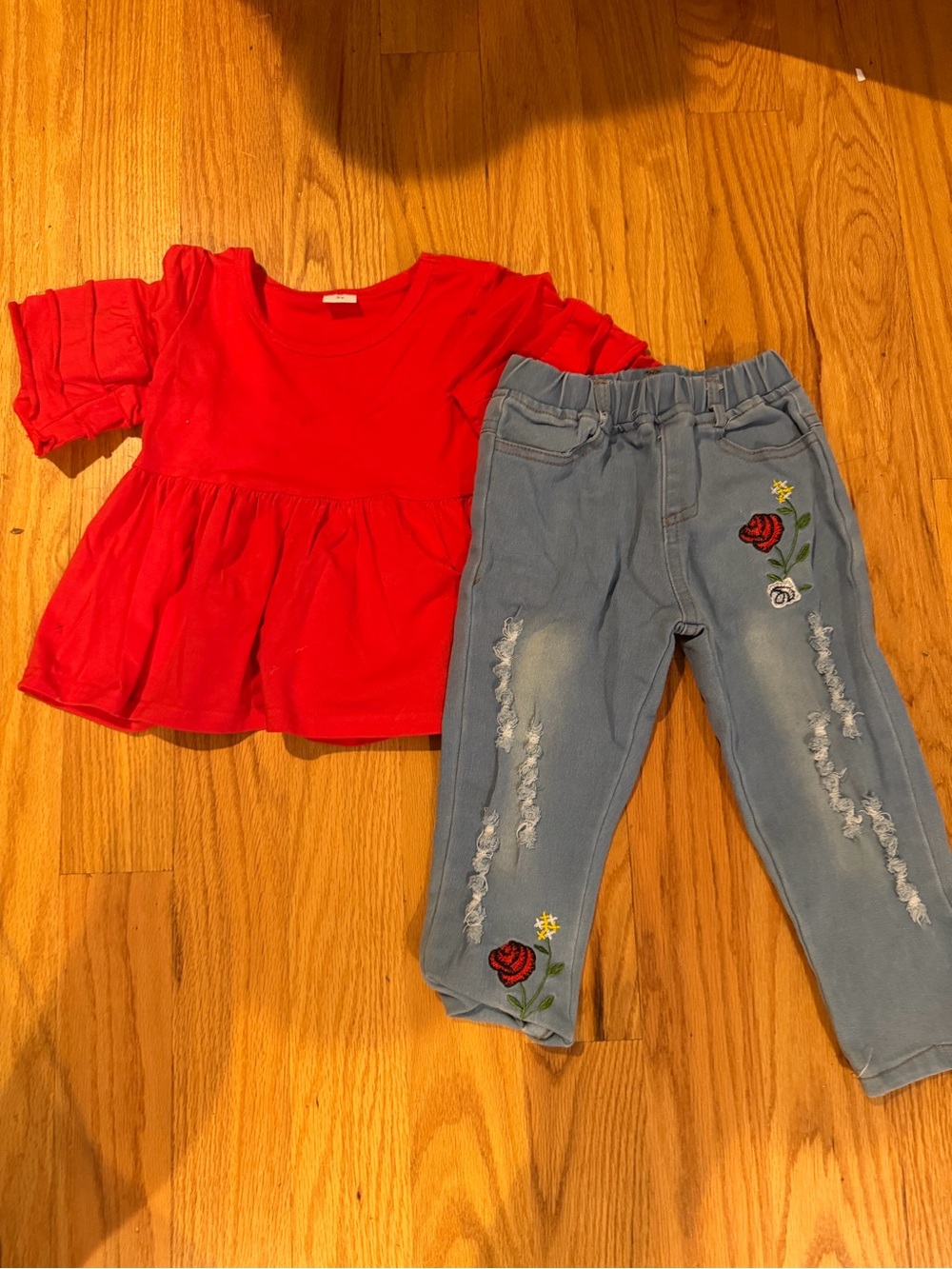 Kids Matching Set - Red Top with Embroidered Light Blue Jeans